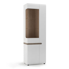 Chelsea Wooden Tall Glazed Narrow Display Cabinet in White with a Truffle Oak Trim - Furniture One Shop