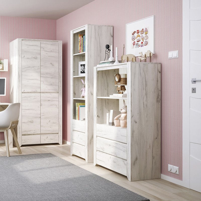 Angel Tall Narrow 4 Shelves 3 Drawers Bookcase