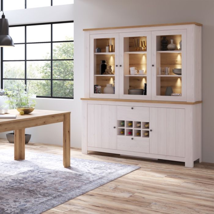 Celesto 2 Door 2 Drawer Sideboard with 3 Door Display top Unit inc. 6x Lights in White and Oak