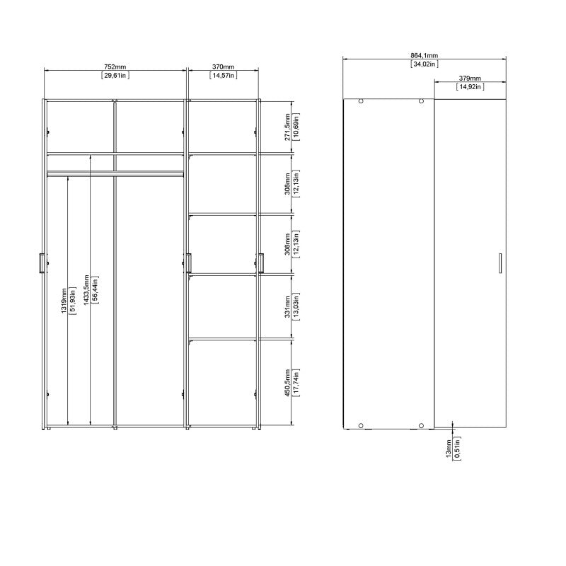 Space Wooden Wardrobe 3 Doors in White