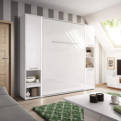 CP-02 Vertical Wooden Wall Small Double Bed with Storage Cabinet in Matt White 120cm