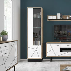 Brolo Tall Glazed Display Cabinet (LH) With the Walnut and Dark Panel Finish - Furniture One Shop