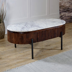 Opal Mango Wood Rectangular Fluted Coffee Table With Marble Top & Metal Legs -UK