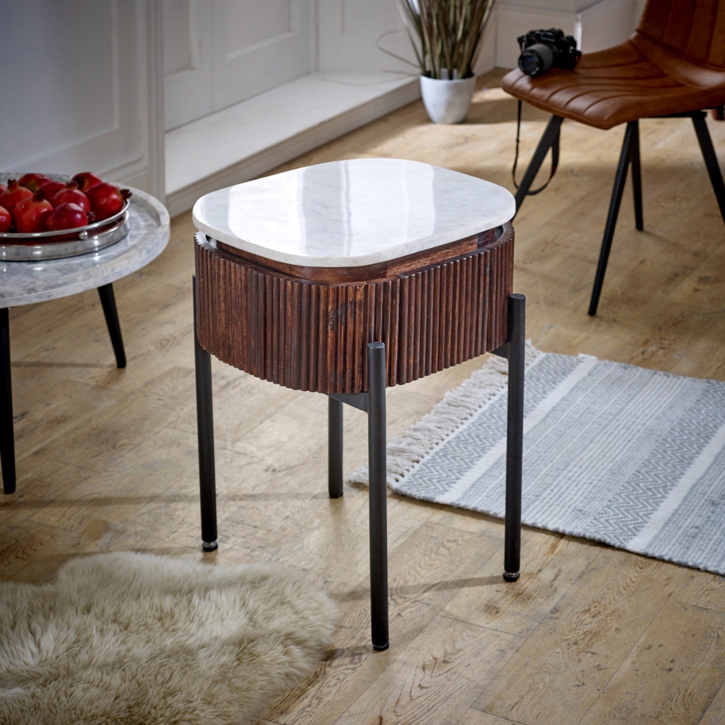Opal Mango Wood Bedside Table With Marble Top & Metal Legs - UK