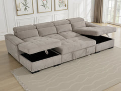 Alaya Beige U-Shape Corner Sofa Bed with Storage & Adjustable Headrests