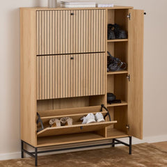 Albany Oak Shoe Cabinet – 3 Flip-Down Door and 1 Pull Open Door | Stylish Shoe Storage Unit UK