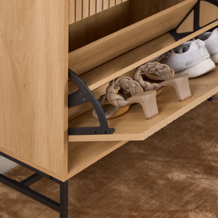Albany Oak Shoe Cabinet – 3 Flip-Down Door and 1 Pull Open Door | Stylish Shoe Storage Unit UK