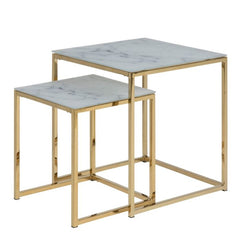 Alisma Nest of Tables with White Marble Effect Top & Gold Legs