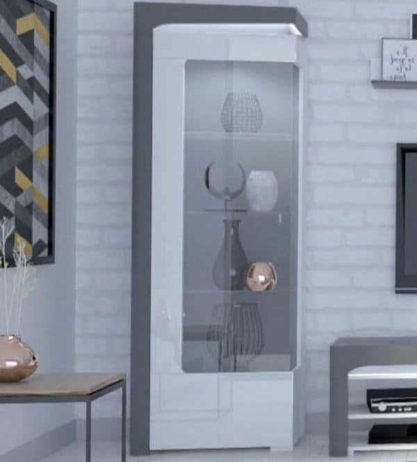 Athens Grey And White Gloss LEFT Display Cabinet with Glass Door and LED Lights
