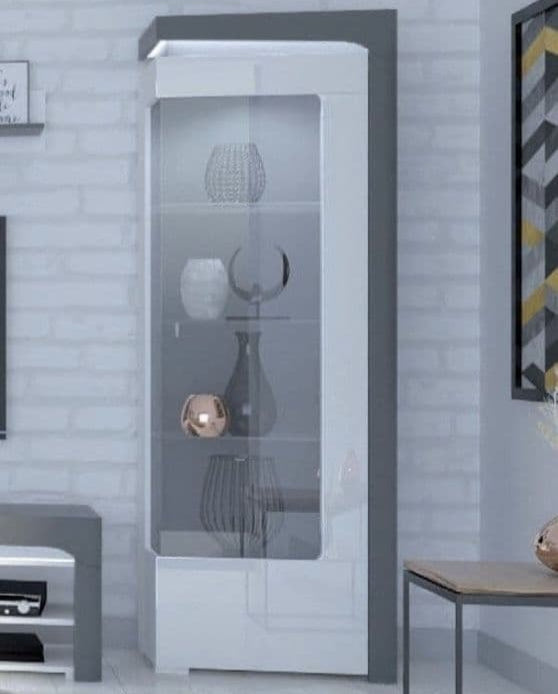 Athens Grey And White Gloss RIGHT Display Cabinet with Glass Door and LED Lights