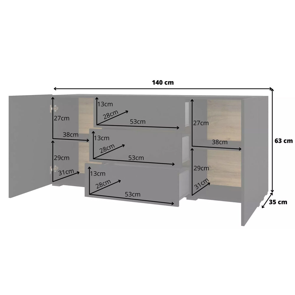 Ava Wooden Sideboard with 2 Doors and 3 Drawers in Black Matt - 140cm