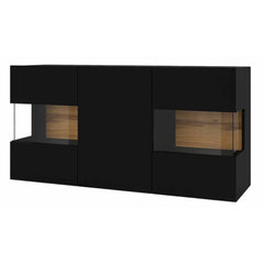 Ava Wooden Wide Display Cabinet in Black Matt & Oak Wotan - 120cm