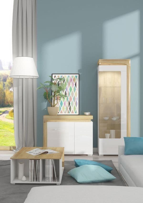 Cadillac 2 Door Small Sideboard In Oak Effect And White Gloss With Lights