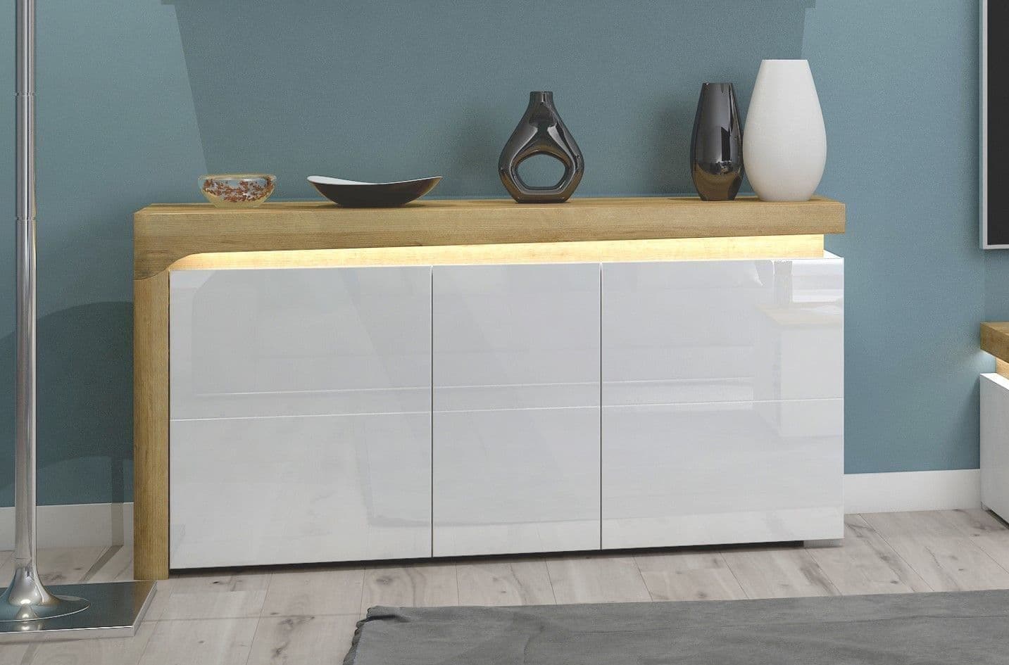 Cadillac 3 Door Sideboard In Oak Effect and White Gloss With Lights