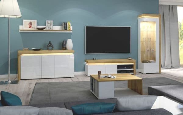 Cadillac 3 Door Sideboard In Oak Effect and White Gloss With Lights