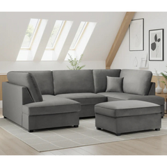 Carnaby Plush Velvet Fabric U-Shape Corner Sofa In Grey