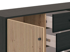 Clifton Slatted 2 Door 4 Drawer Sideboard In Black And Artisan Oak Effect