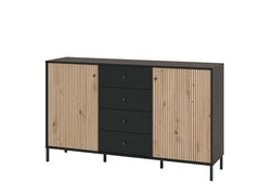 Clifton Slatted 2 Door 4 Drawer Sideboard In Black And Artisan Oak Effect