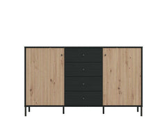 Clifton Slatted 2 Door 4 Drawer Sideboard In Black And Artisan Oak Effect