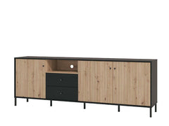 Clifton Slatted 3 Door 2 Drawer TV Stand In Black And Artisan Oak Effect