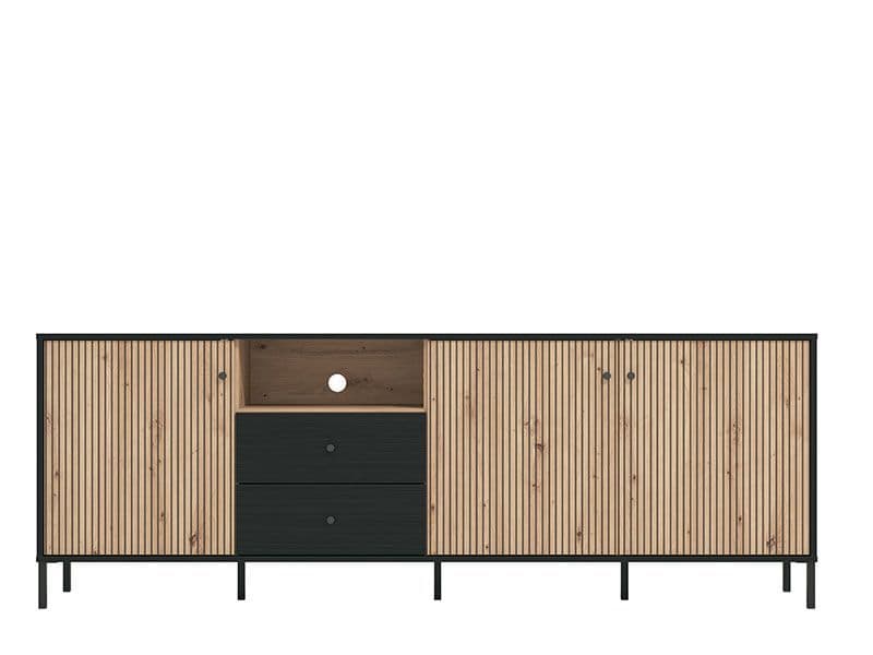 Clifton Slatted 3 Door 2 Drawer TV Stand In Black And Artisan Oak Effect