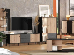 Clifton Slatted Low 1 Door 2 Drawer Display Cabinet In Black And Artisan Oak Effect