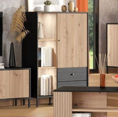 Clifton Slatted Low 1 Door 2 Drawer Display Cabinet In Black And Artisan Oak Effect