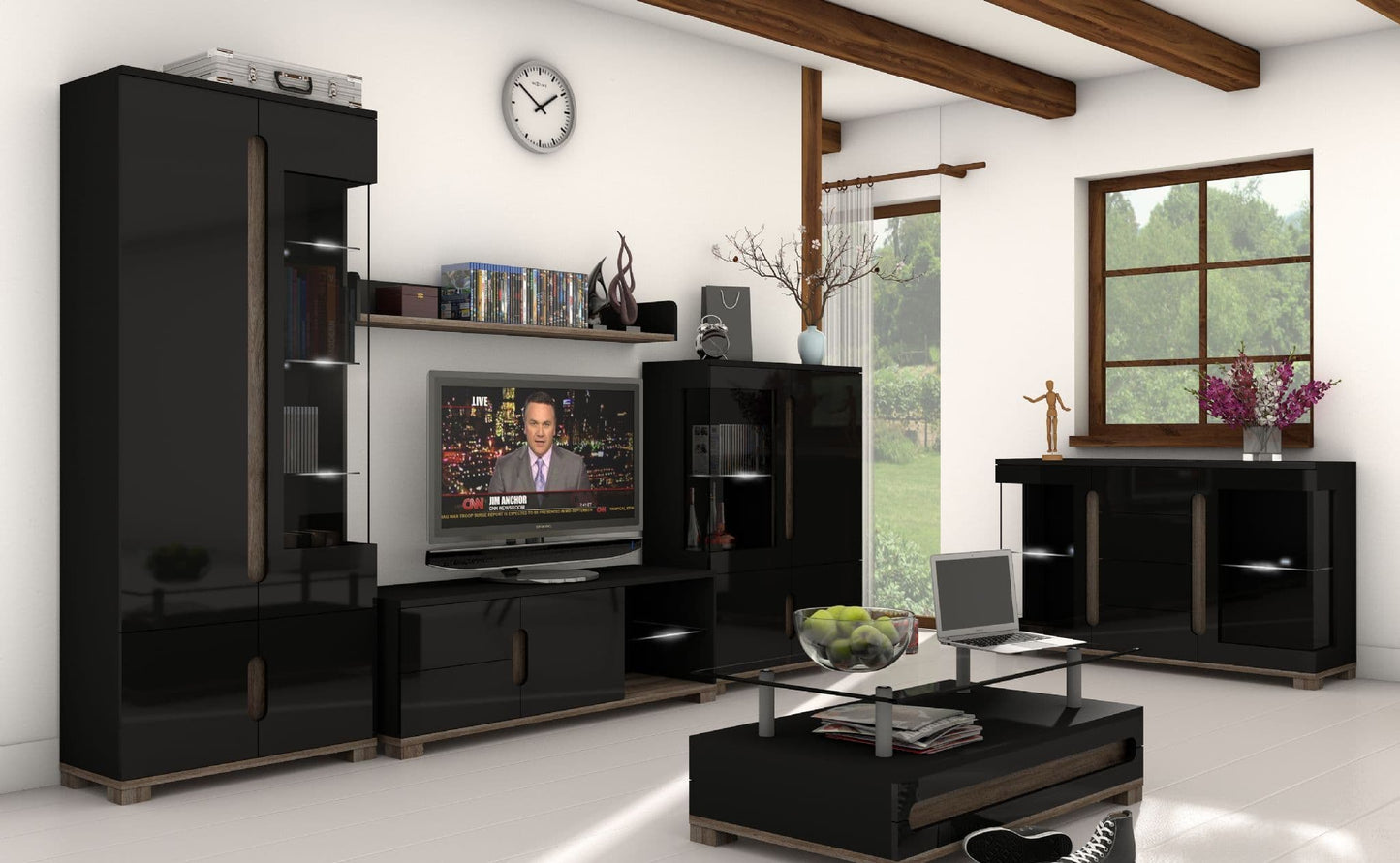 Costa TV Stand In Black Gloss Front and Dark Oak Effect
