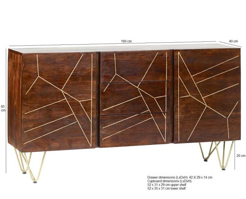 Dark Gold Extra Large Sideboard 3 Drawers And 2 Doors