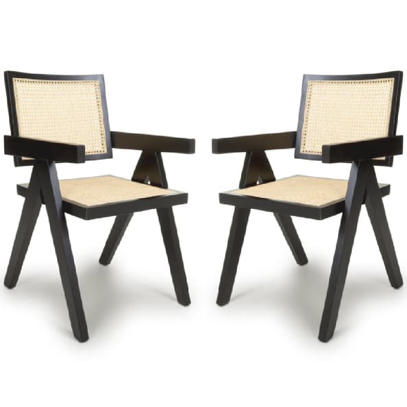 Dublin Oak And Black Rattan Wooden Dining Chairs In Pair