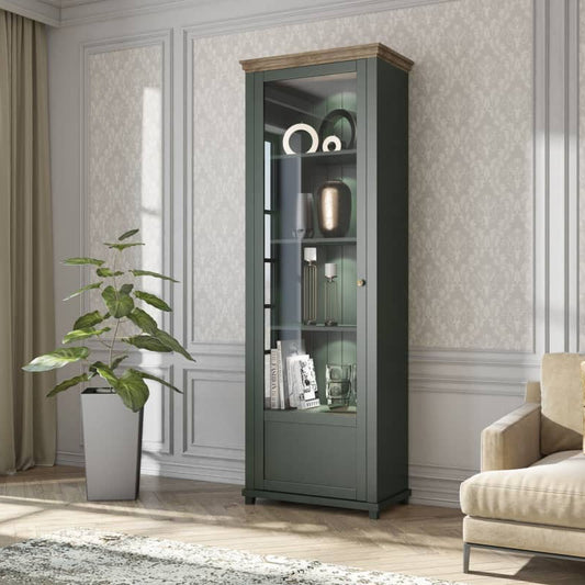 Evora Tall Narrow Left Handed Wooden Display Cabinet in Green and Oak Lefkas - 71cm