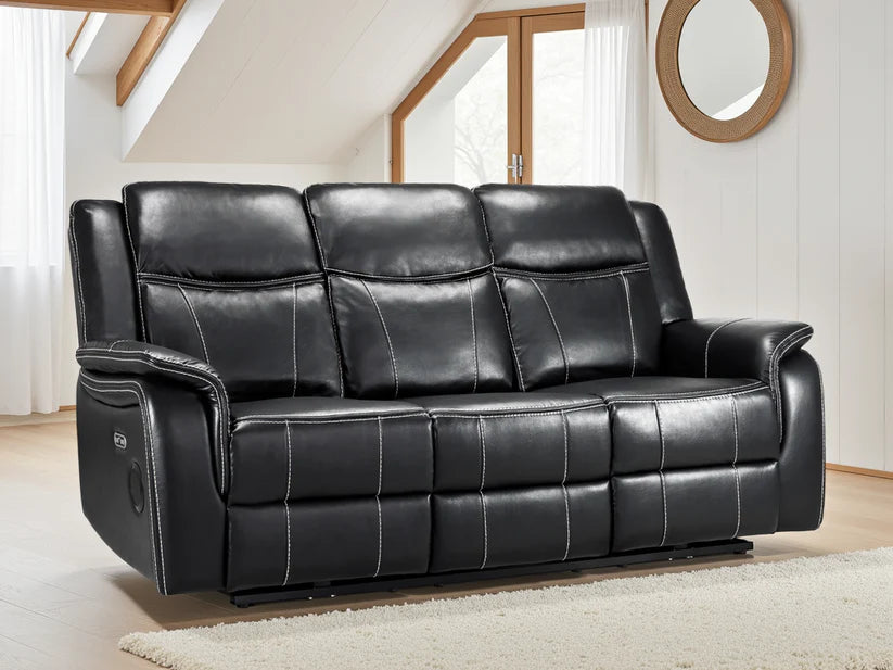Galaxy Tech Leather Aire 3 Seater Electric Recliner Sofa In Black