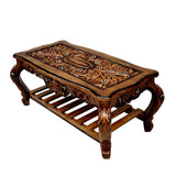 Handcrafted Solid Sheesham Wood Coffee Table with Carved Design in Brown