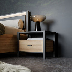 High Rock Bedside in Matt Black/Riviera Oak - Furniture One Shop