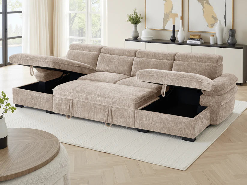 Hudson Beige U-Shape Corner Sofa Bed with Storage - Furniture One Shop