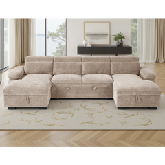 Hudson Beige U-Shape Corner Sofa Bed with Storage