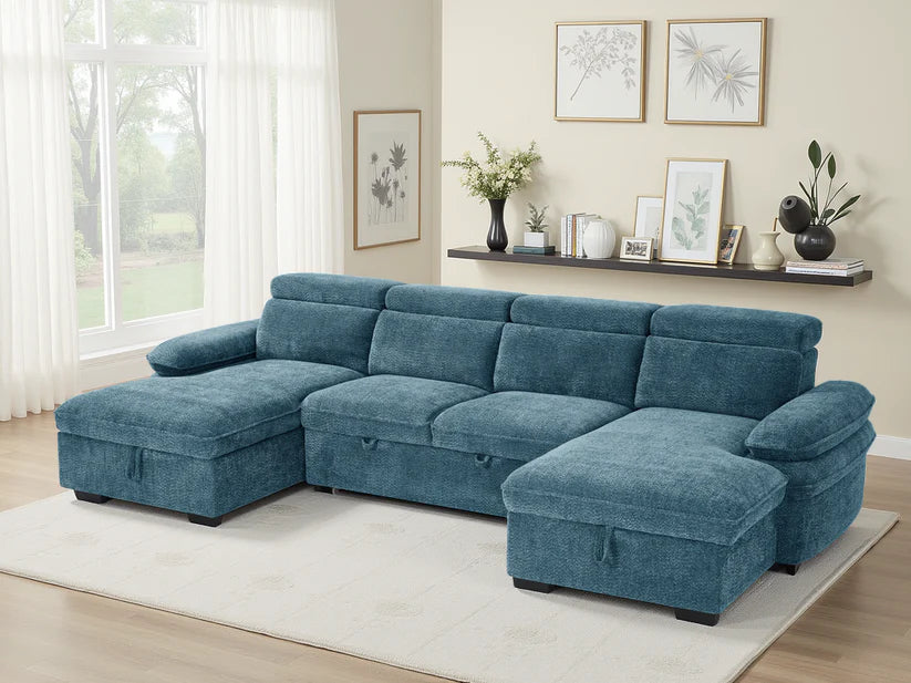 Hudson Blue U-Shape Corner Sofa Bed with Storage - Furniture One Shop