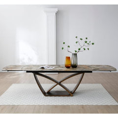Lavish Italian Ceramic Marble Extending Dining Table In Matt Ivory & Emerald Vein