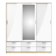 Line Wardrobe - 3 Doors 6 Drawers in Oak with White High Gloss - Furniture One Shop