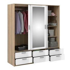 Line Wardrobe - 3 Doors 6 Drawers in Oak with White High Gloss - Furniture One Shop