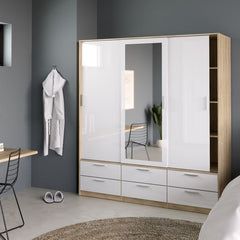 Line Wardrobe - 3 Doors 6 Drawers in Oak with White High Gloss - Furniture One Shop