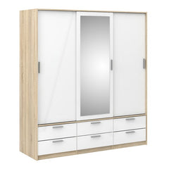 Line Wardrobe - 3 Doors 6 Drawers in Oak with White High Gloss - Furniture One Shop