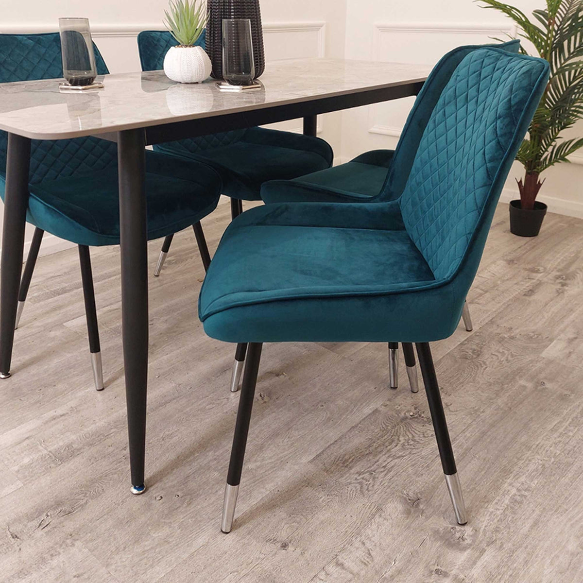 Luna Teal Velvet Dining Chairs in Pair - Furniture One Shop