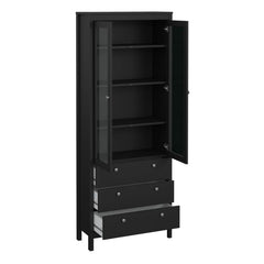 Madrid China Cabinet 2 Glass Doors with 3 Drawers in Matt Black - Furniture One Shop