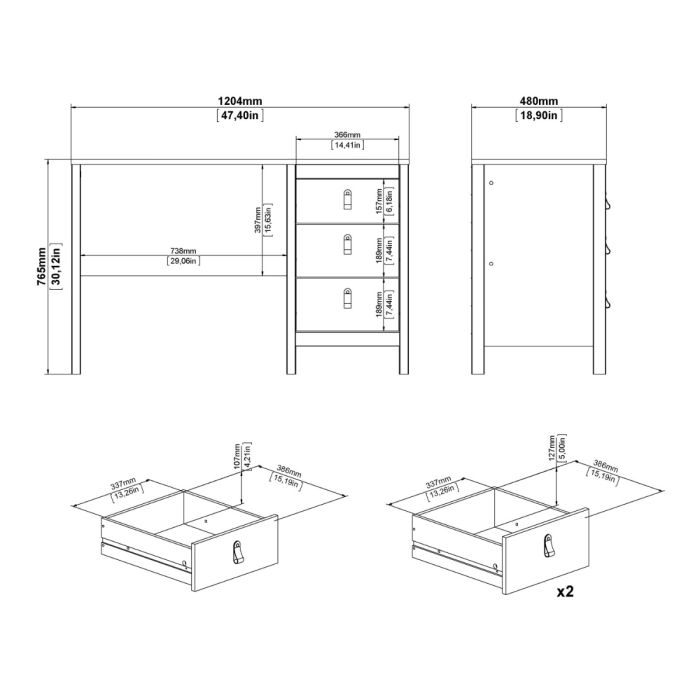 Madrid Desk 3 drawers White
