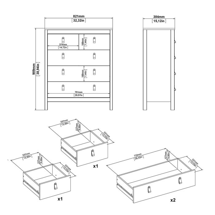 Madrid Package - Bedside Table 2 drawers + Chest 3+2 drawer + Wardrobe with 2 doors in Matt Black