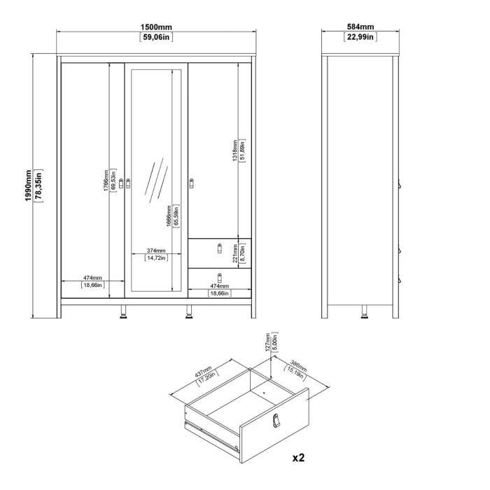 Madrid Wardrobe with 2 Doors 1 Mirror Door 2 Drawers White