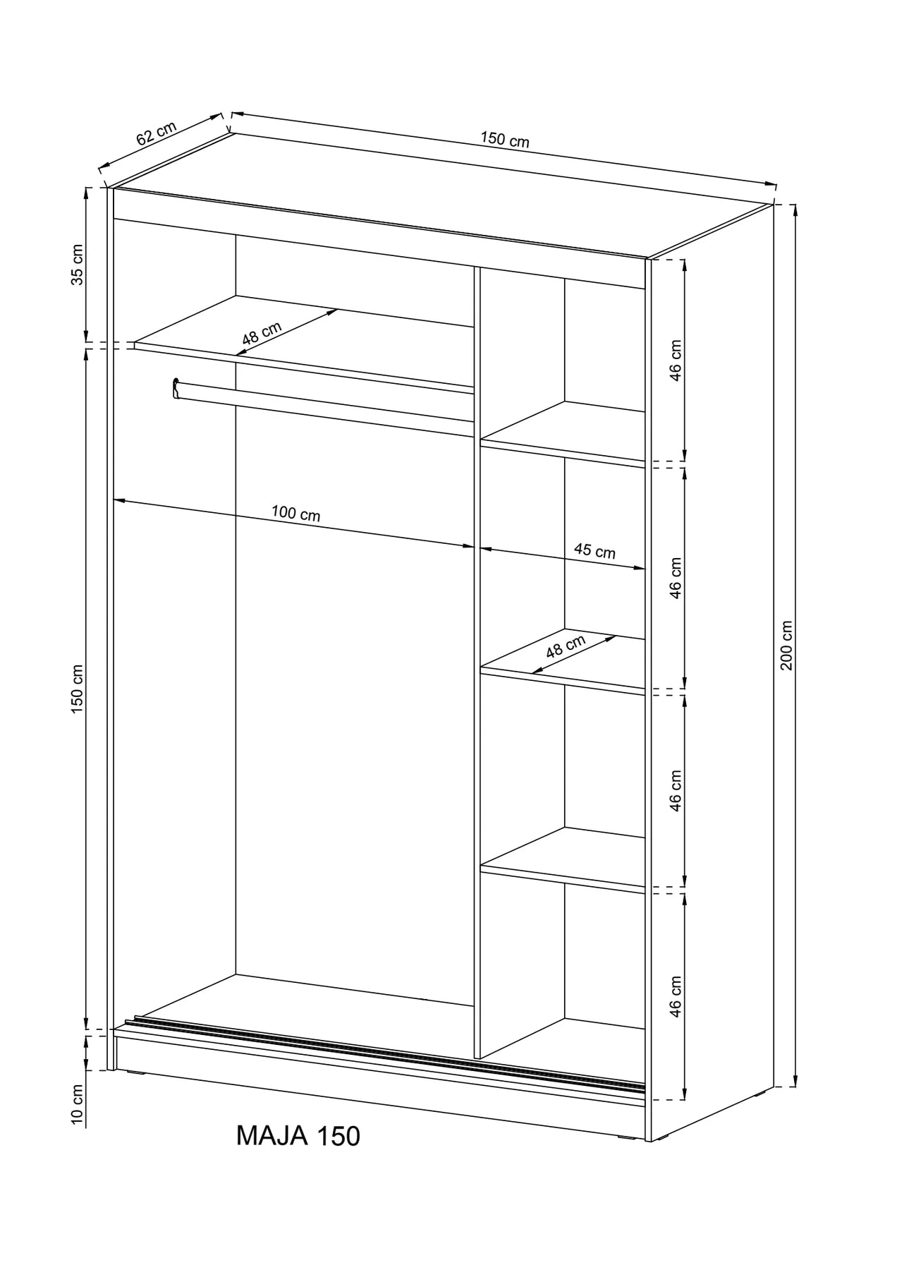 Maja Wooden Wardrobe 150cm With 2 Mirrored Sliding Doors In White Matt