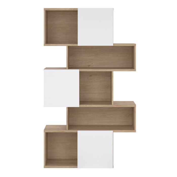 Maze Asymmetrical Bookcase with 3 Doors in Jackson Hickory and White High Gloss - UK
