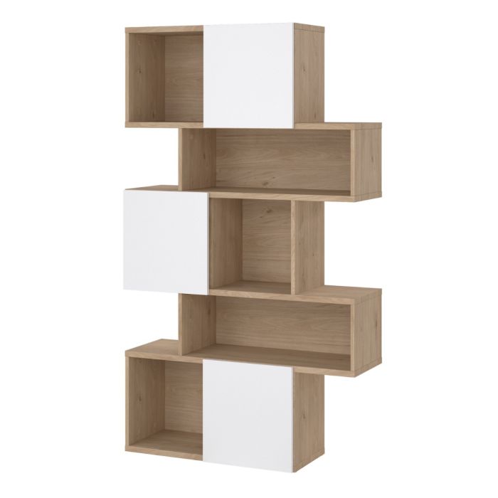 Maze Asymmetrical Bookcase with 3 Doors in Jackson Hickory and White High Gloss - UK